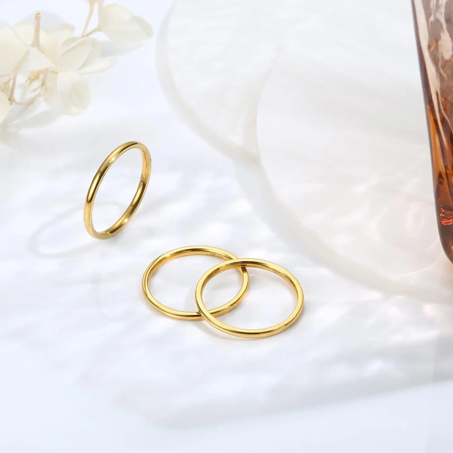 LOYALLOOK 1.5mm 14K Gold Filled Stacking Rings for Women - Stainless Steel Plain Thin Knuckle Thumb Statement Midi Band Rings - Comfort Fit Silver/Gold/Rose Tone, 3PCS