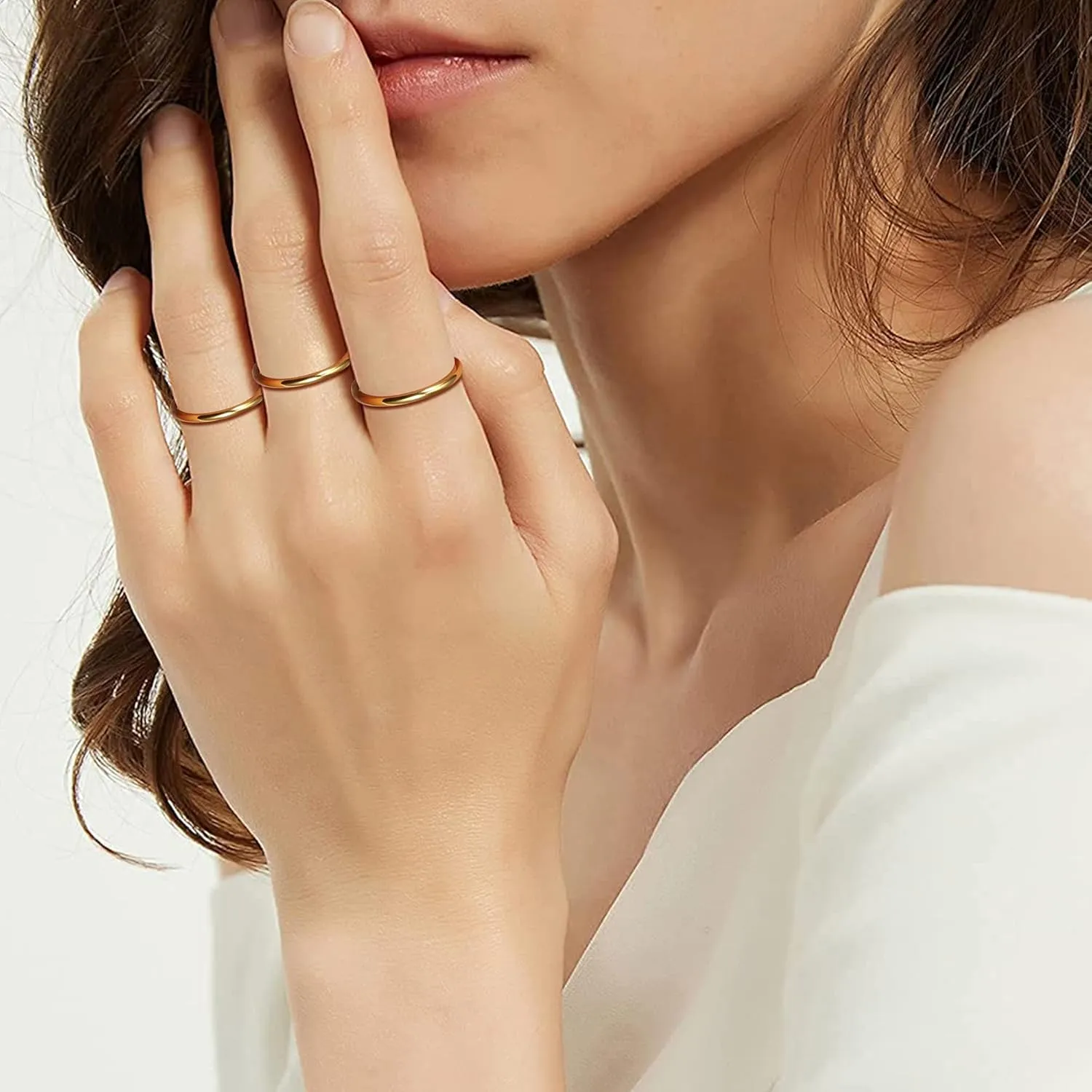 LOYALLOOK 1.5mm 14K Gold Filled Stacking Rings for Women - Stainless Steel Plain Thin Knuckle Thumb Statement Midi Band Rings - Comfort Fit Silver/Gold/Rose Tone, 3PCS