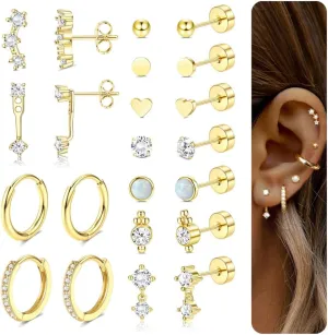 LOYALLOOK Hypoallergenic Flat Back Earrings for Women Trendy 20G Surgical Stainless Steel Earrings Gold Cartilage Earring Stacks Small Hoop Earring Sets for Multiple Piercing