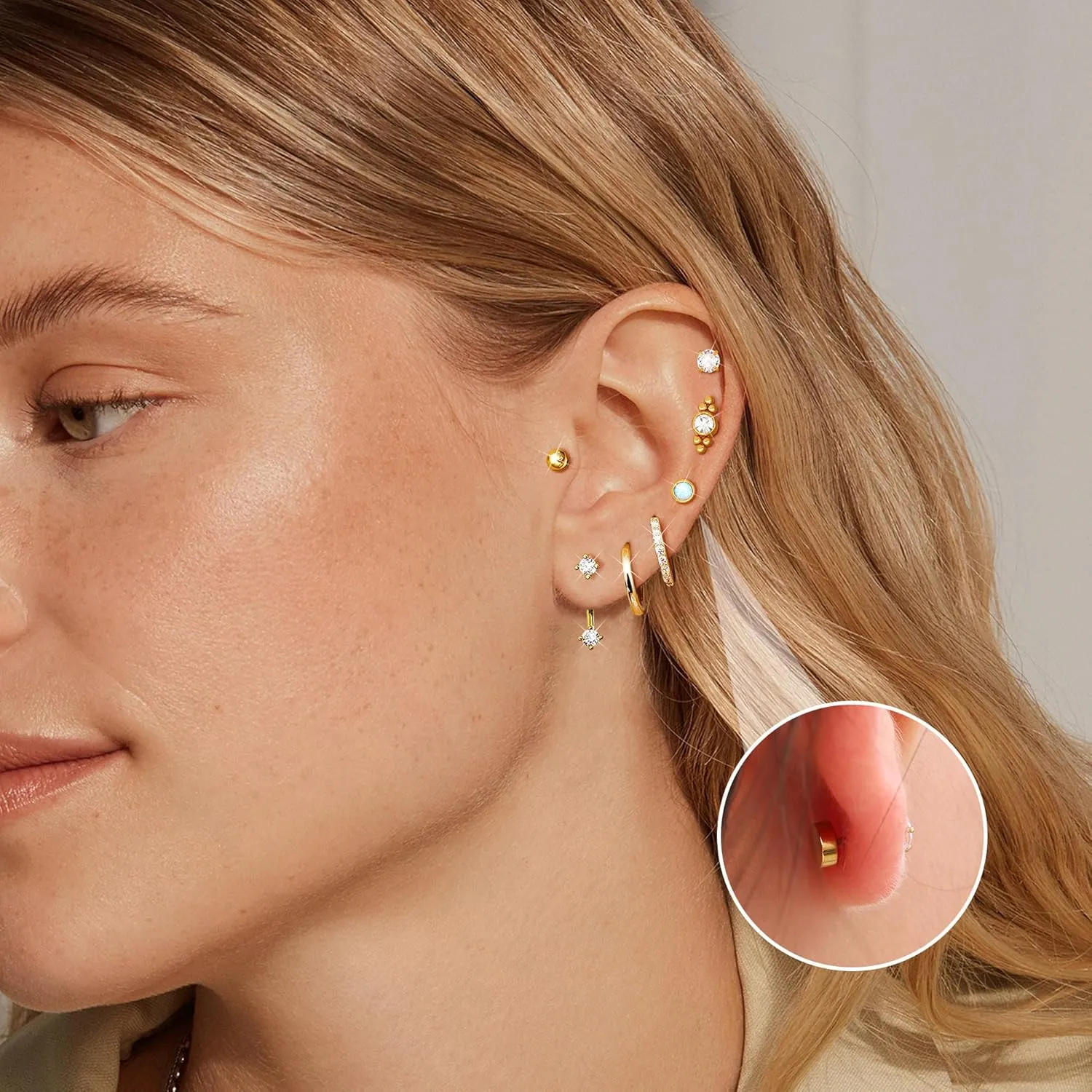 LOYALLOOK Hypoallergenic Flat Back Earrings for Women Trendy 20G Surgical Stainless Steel Earrings Gold Cartilage Earring Stacks Small Hoop Earring Sets for Multiple Piercing