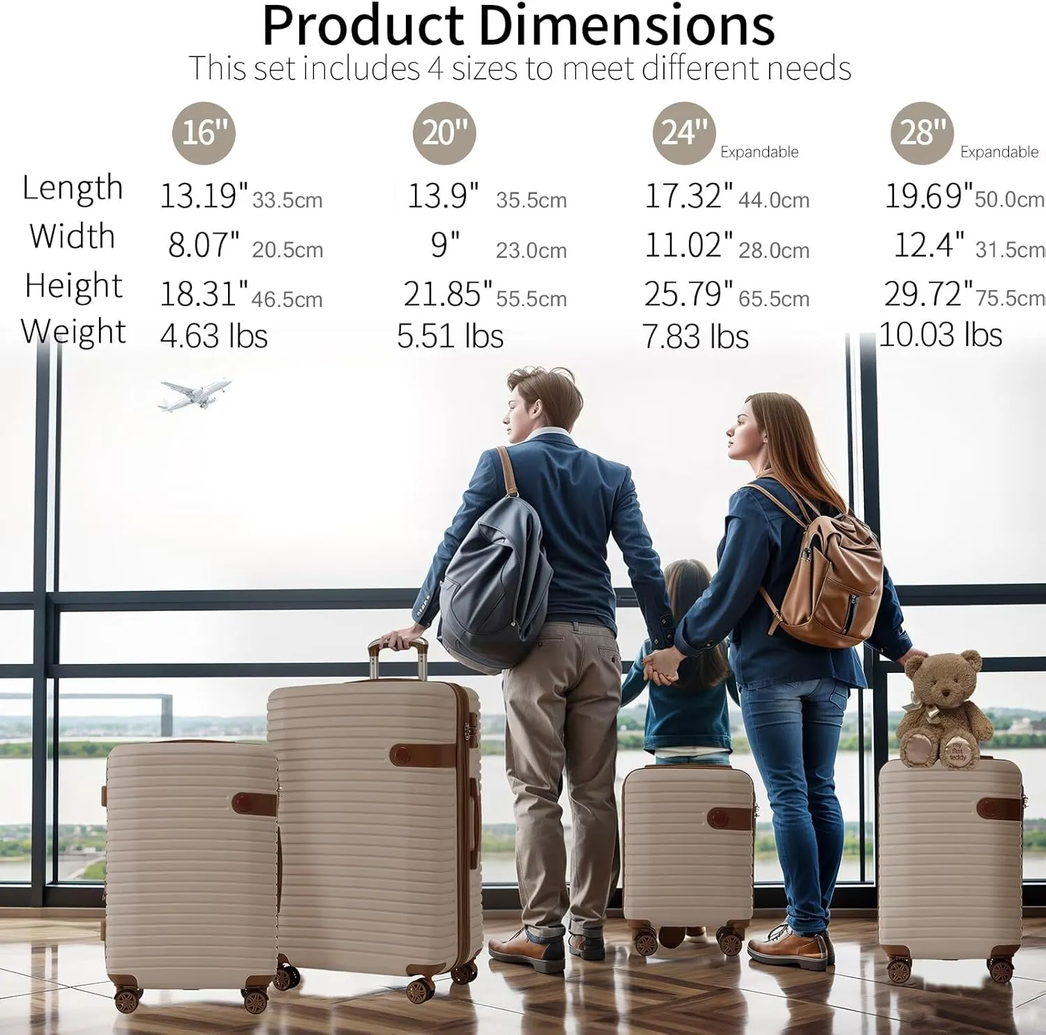 Luggage Set 4 Piece for Family Long Vacation with 4 Packing Cubes, Expandable ABS Khaki Suitcase with TSA Lock Spinner Wheels Lightweight Travel Bag(Khaki, 16/20/24/28)