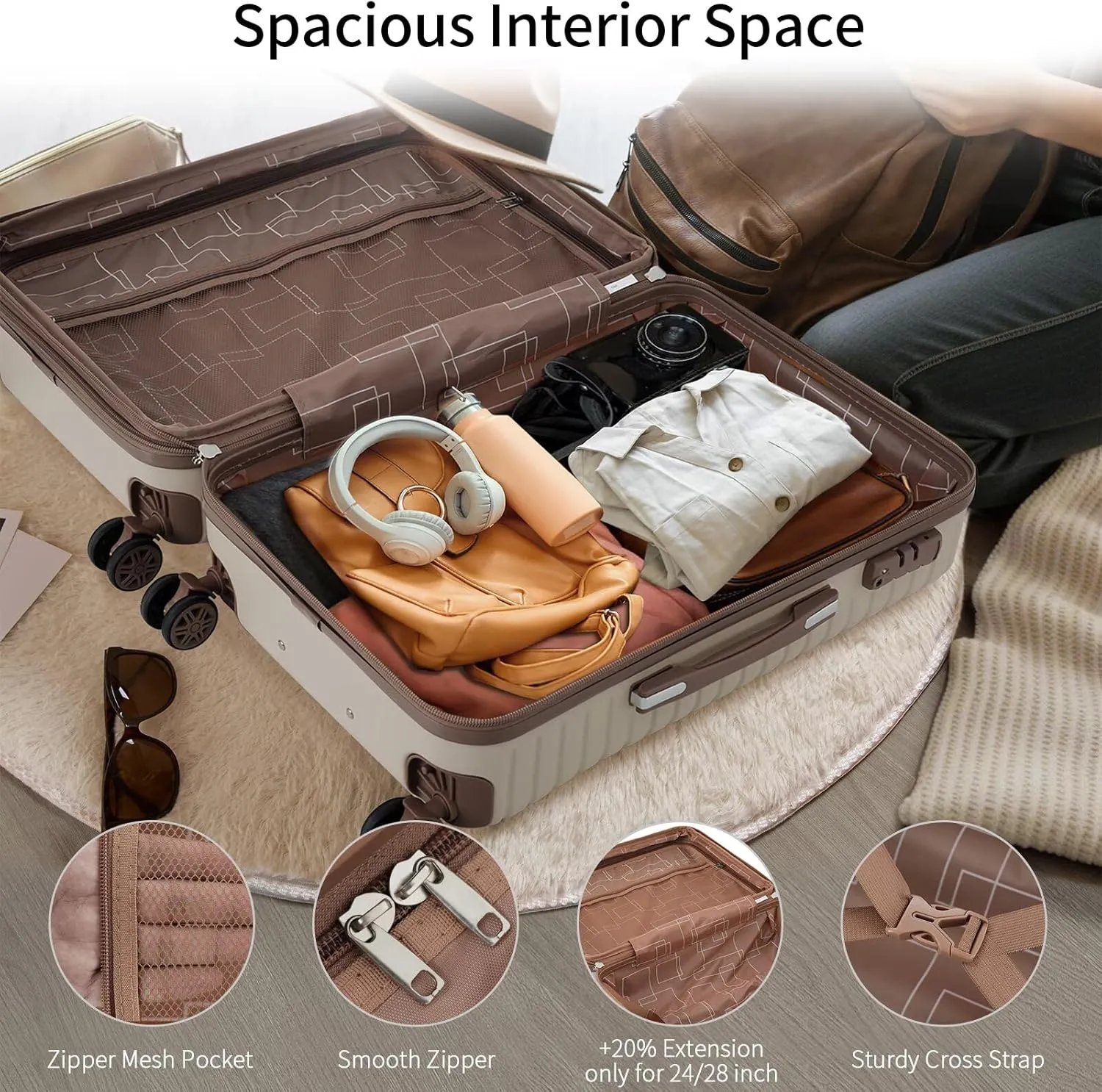 Luggage Set 4 Piece for Family Long Vacation with 4 Packing Cubes, Expandable ABS Khaki Suitcase with TSA Lock Spinner Wheels Lightweight Travel Bag(Khaki, 16/20/24/28)