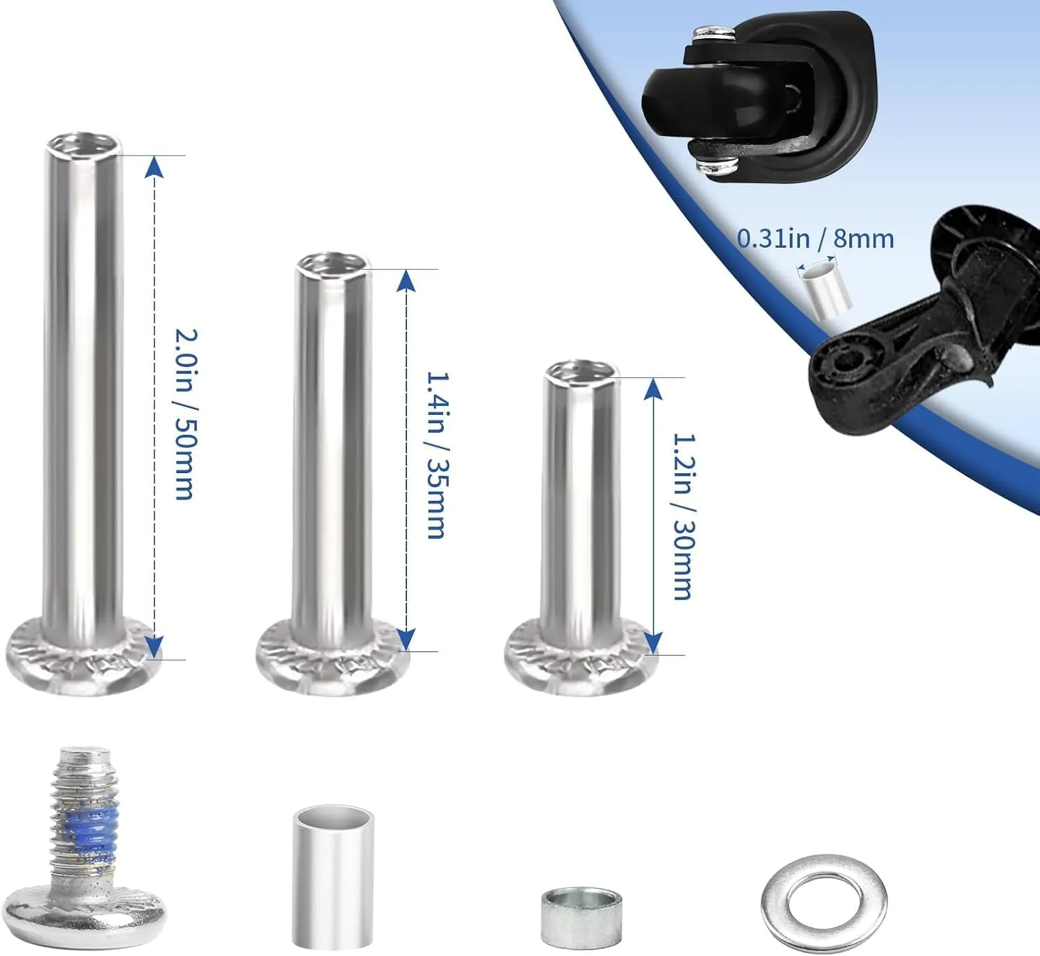 Luggage Wheels Replacement Set 4PC Diameter 2in/50mm Bearings Roller 14mm Thick PU Wheels with 3 Length Axles Full Set Repair Tool for Spinner Suitcase Trolley Bag Draw-bar Travel Box
