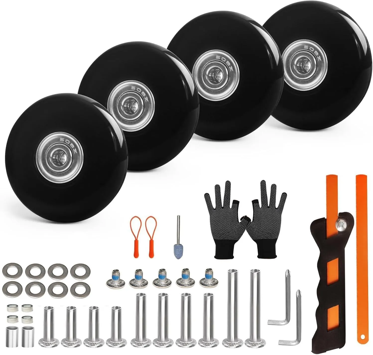 Luggage Wheels Replacement Set 4PC Diameter 2in/50mm Bearings Roller 14mm Thick PU Wheels with 3 Length Axles Full Set Repair Tool for Spinner Suitcase Trolley Bag Draw-bar Travel Box