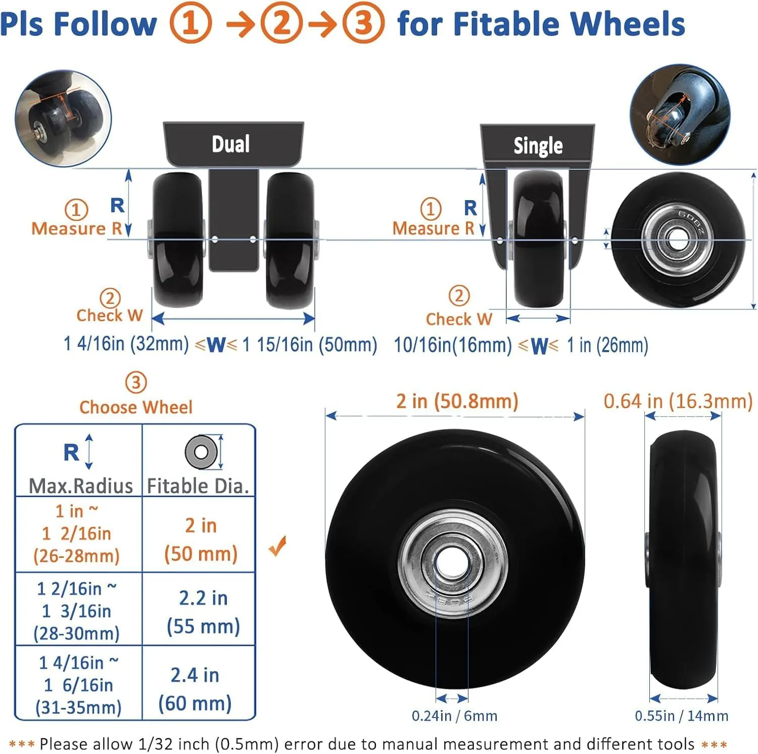 Luggage Wheels Replacement Set 4PC Diameter 2in/50mm Bearings Roller 14mm Thick PU Wheels with 3 Length Axles Full Set Repair Tool for Spinner Suitcase Trolley Bag Draw-bar Travel Box