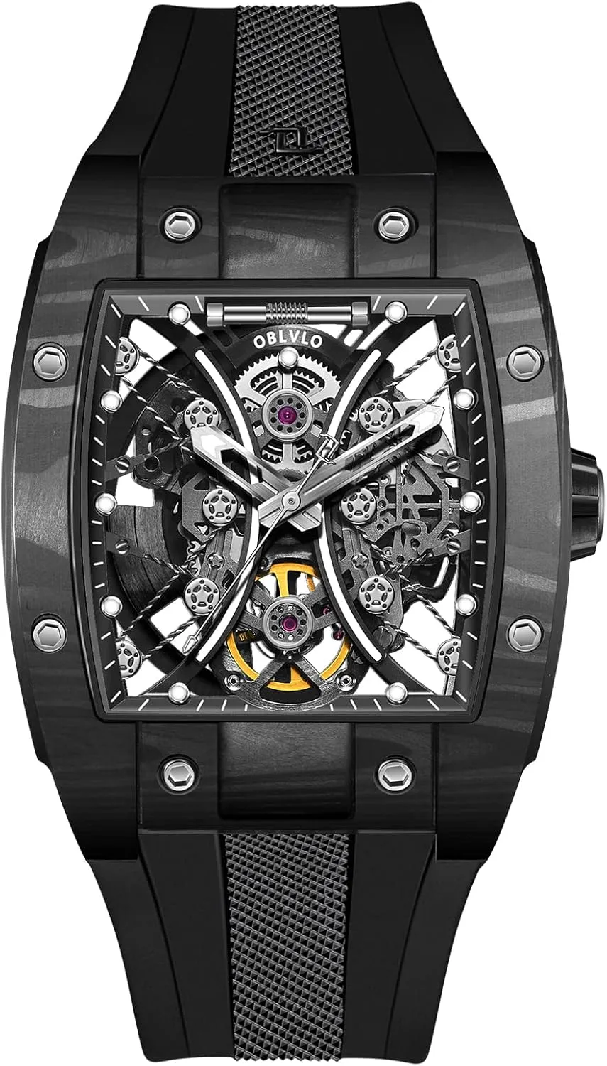 Luxury Brand Sport Watch for Men Square Tonneau Skeleton Steel Carbon Fibre Automatic Mechanical Watch Rubber Strap Watches EM-S