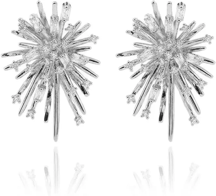 Luxury Silver Starburst Statement Earrings  18K Gold Plated, Elegant Crystal Sunburst Stud Earrings for Women, Sparkling Cubic Zirconia Fashion Jewelry