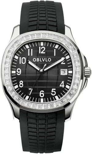 Luxury Watch with Crystal Bezel, Blue Rubber Band, Rose Gold Case, Date Display