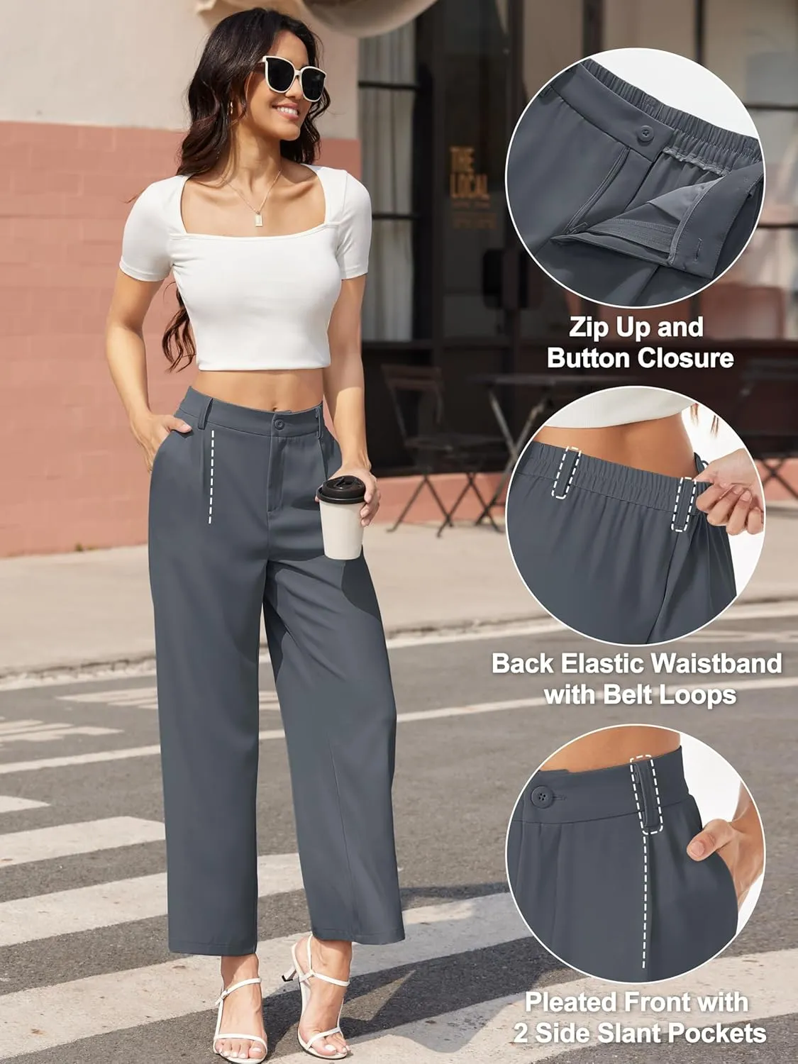 MAGCOMSEN Women's Wide Leg Pants Casual Work Dress Pants High Waisted Flowy Summer Trousers with Pockets
