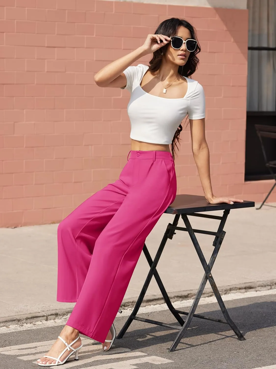 MAGCOMSEN Women's Wide Leg Pants Casual Work Dress Pants High Waisted Flowy Summer Trousers with Pockets