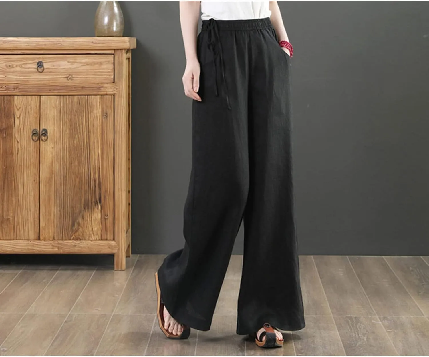 Maiyifu-GJ Women Casual Cotton Linen Baggy Pants Relaxed Fit Soft Comfy Wide Leg Trousers Drawstring High Waist Loose Pant