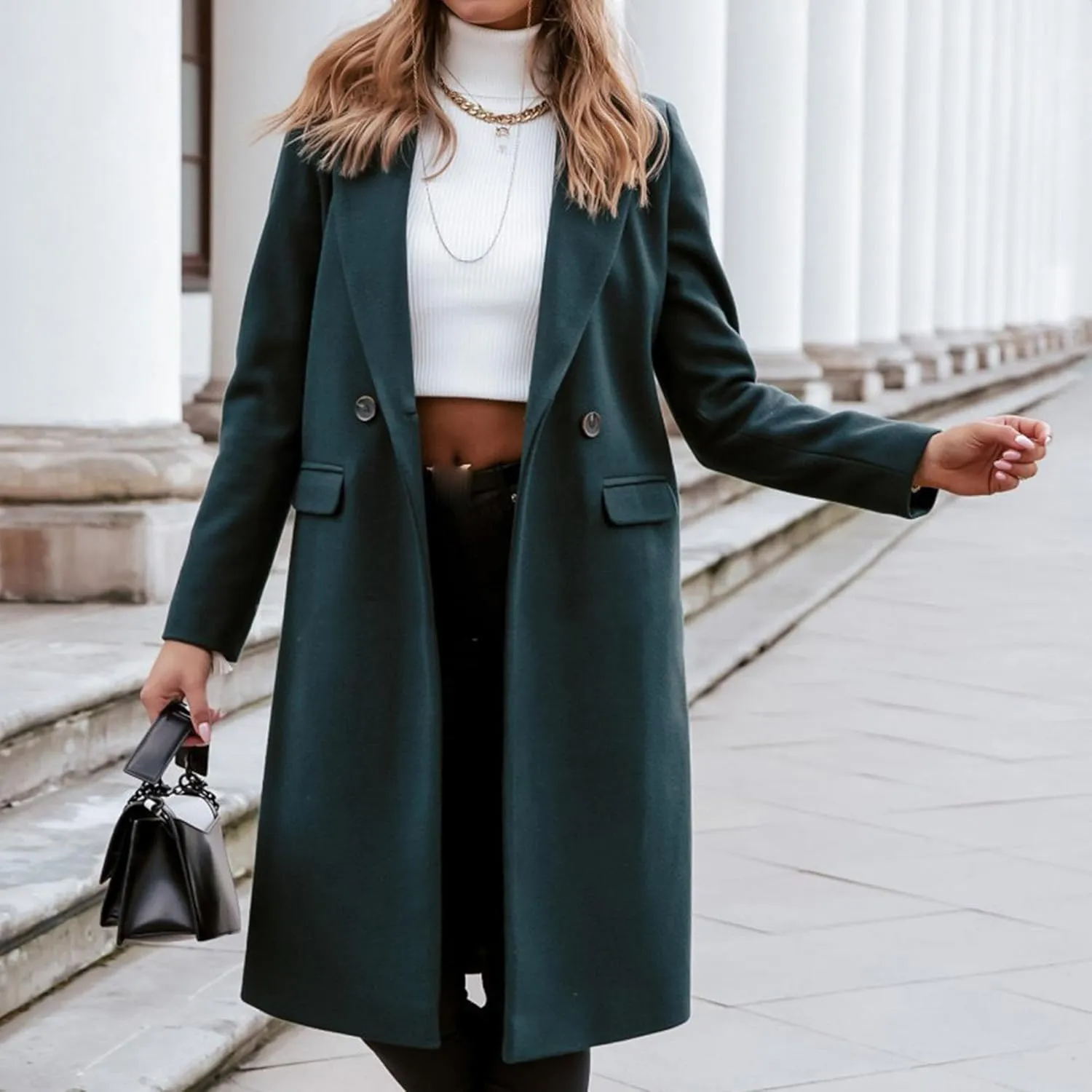 Maiyifu-GJ Womens Elegant Notched Lapel Double Breasted Wool Blend Coat Jacket Long Trench Coat Winter Overcoat Outerwear
