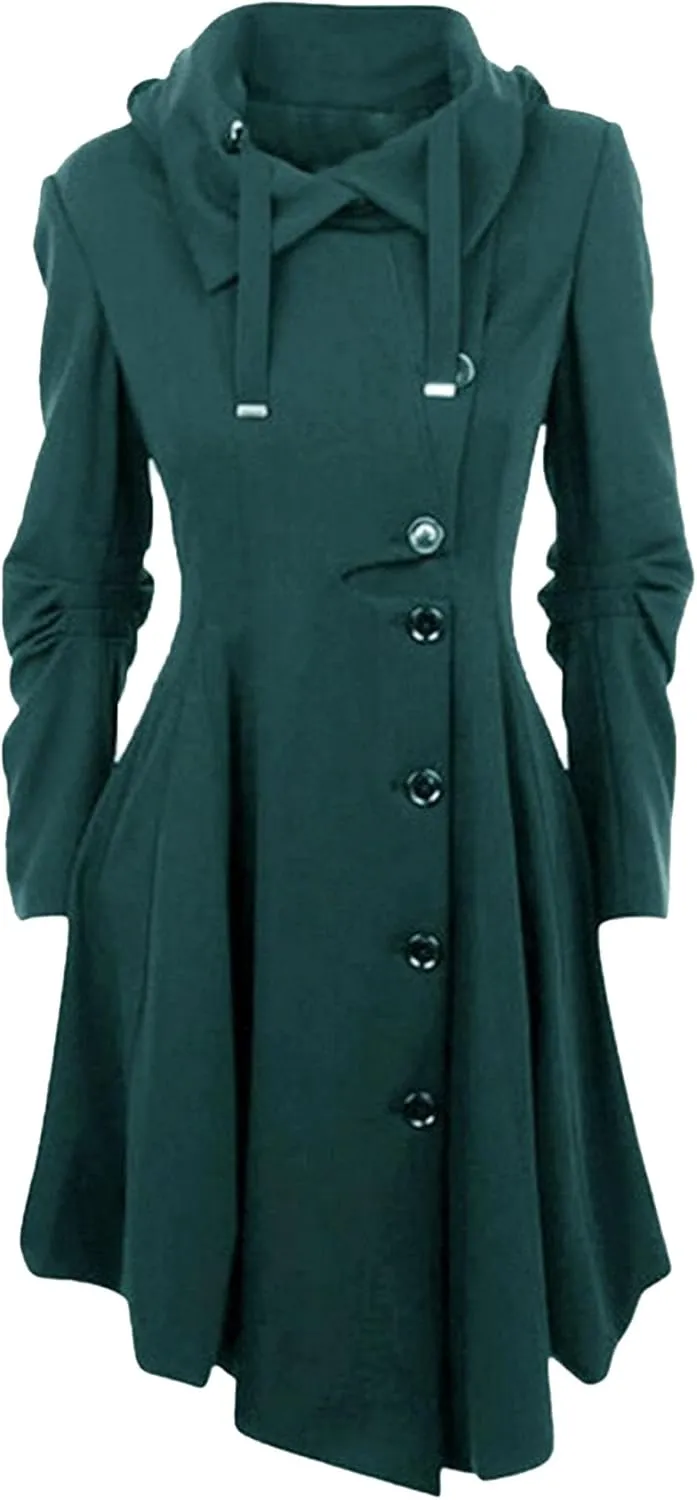 Maiyifu-GJ Womens Single Breasted Hooded Trench Coat Long Sleeve Wool Blend Dress Coats Fall Winter Mid Long Overcoat