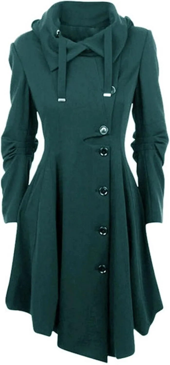Maiyifu-GJ Womens Single Breasted Hooded Trench Coat Long Sleeve Wool Blend Dress Coats Fall Winter Mid Long Overcoat