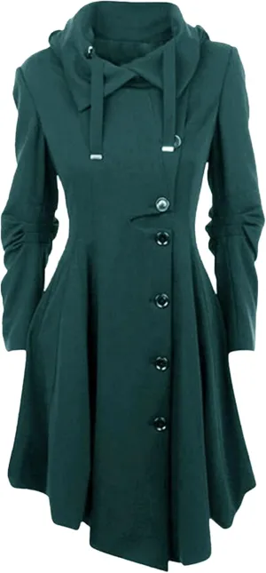 Maiyifu-GJ Womens Single Breasted Hooded Trench Coat Long Sleeve Wool Blend Dress Coats Fall Winter Mid Long Overcoat