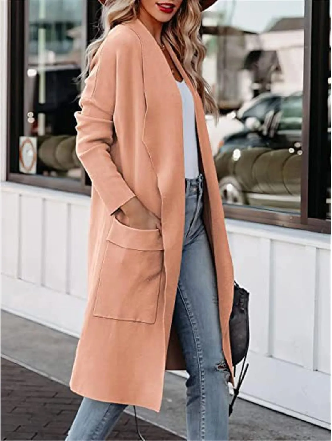 Maiyifu-GJ Women's Wool Blend Trench Coat Long Cardigan Jackets Long Sleeve Sweaters Casual Lapel Open Front Overcoat