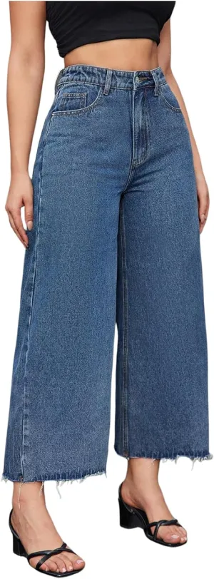 MakeMeChic Women's Denim Raw Wide Leg Trousers Straight Loose Baggy Y2K Jeans with Pocket