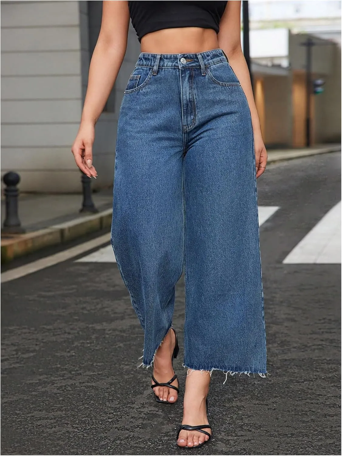 MakeMeChic Women's Denim Raw Wide Leg Trousers Straight Loose Baggy Y2K Jeans with Pocket