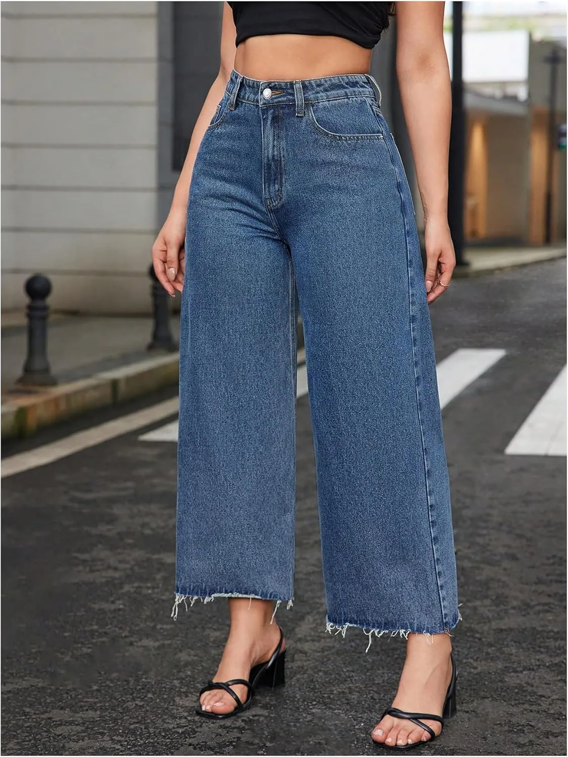 MakeMeChic Women's Denim Raw Wide Leg Trousers Straight Loose Baggy Y2K Jeans with Pocket