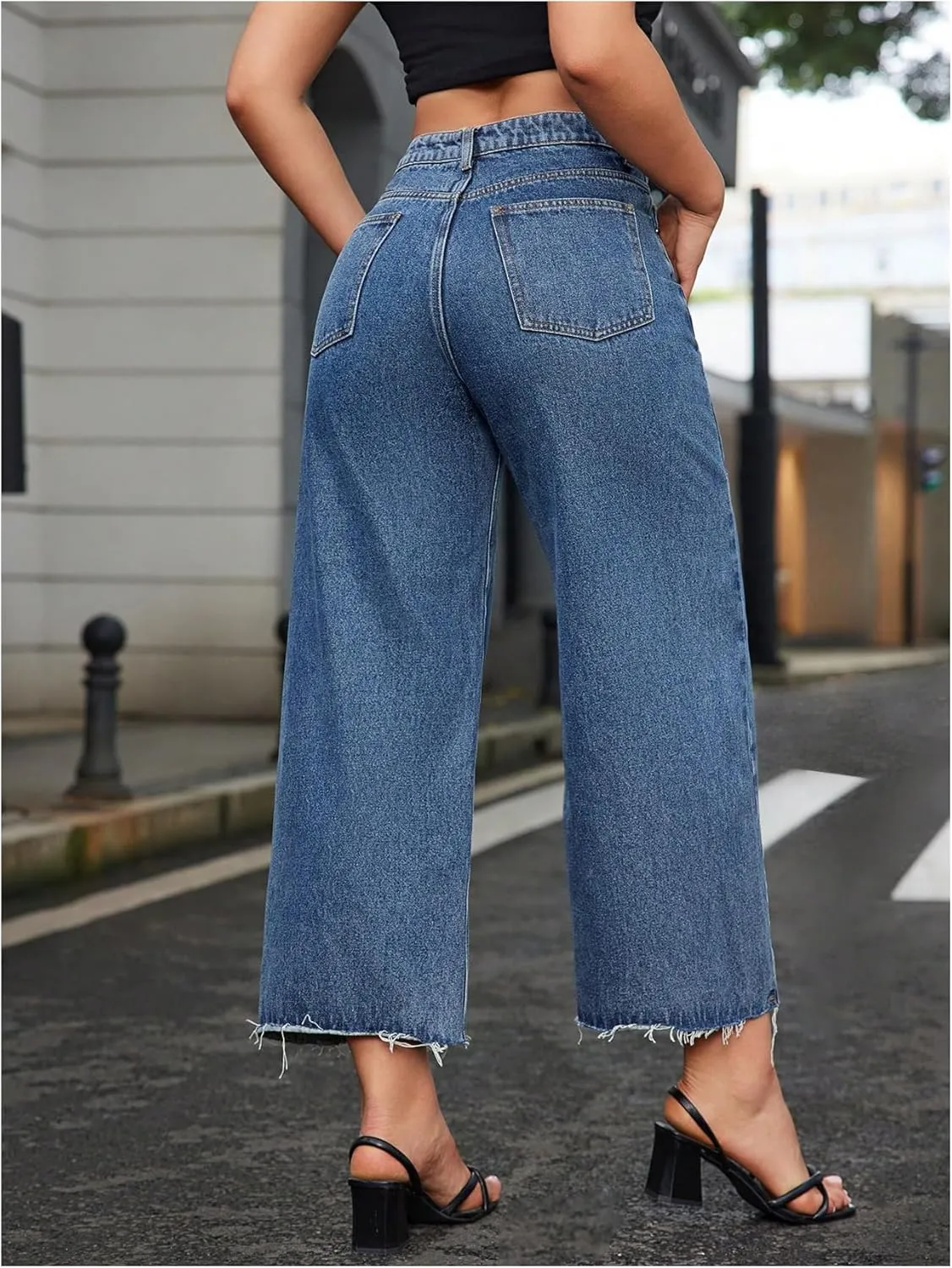 MakeMeChic Women's Denim Raw Wide Leg Trousers Straight Loose Baggy Y2K Jeans with Pocket
