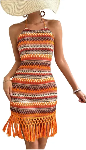 MakeMeChic Women's Vacation Striped Halter Dress Tie Open Back Fringe Bodycon Summer Dresses