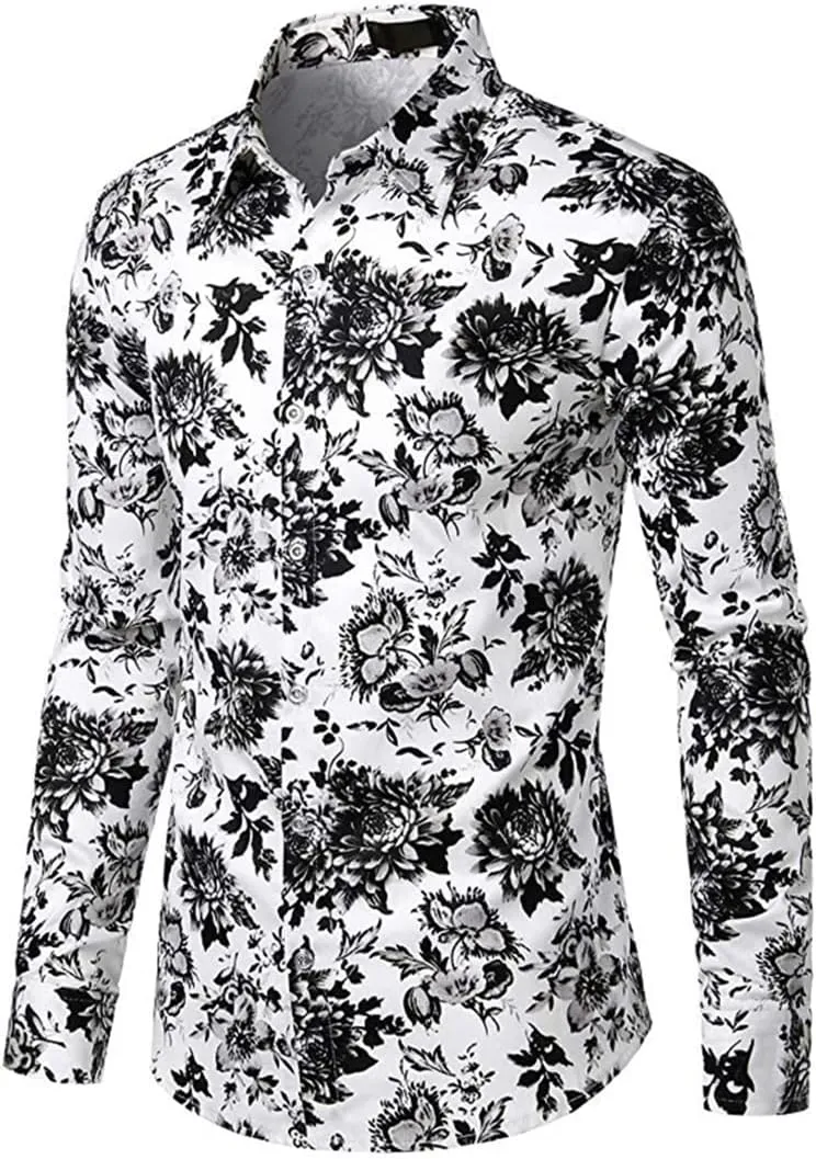 Man Black and White Floral Print Shirt Men Casual Slim Fit Flowers Shirt Men's Dress Shirts