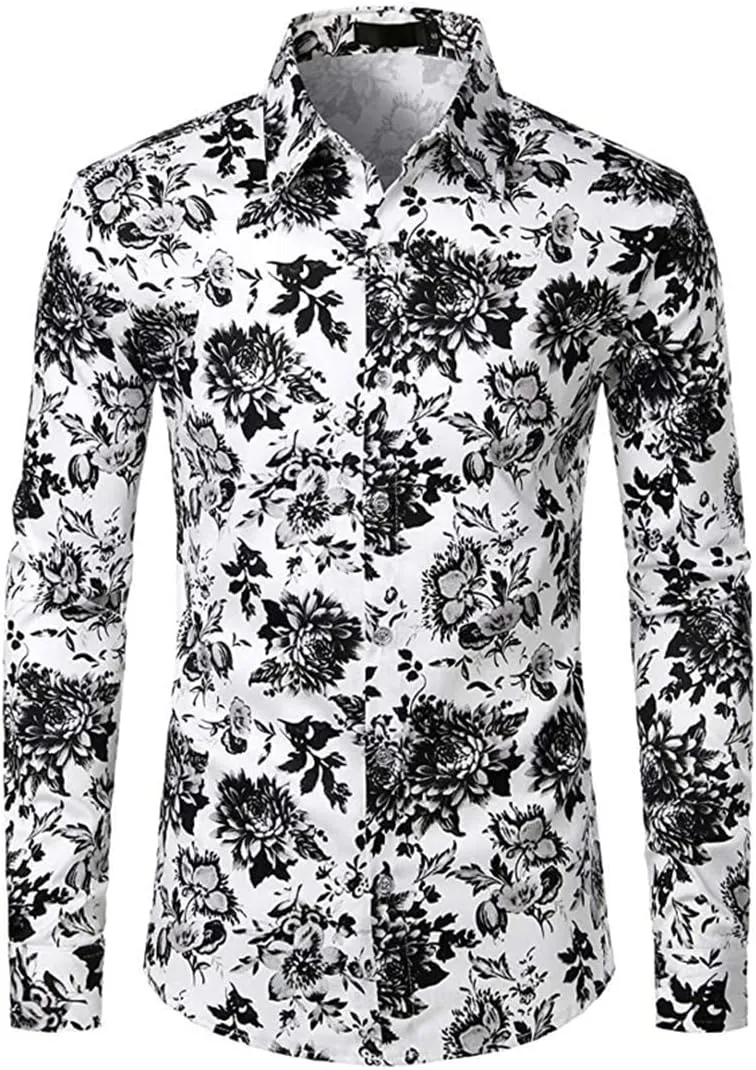 Man Black and White Floral Print Shirt Men Casual Slim Fit Flowers Shirt Men's Dress Shirts
