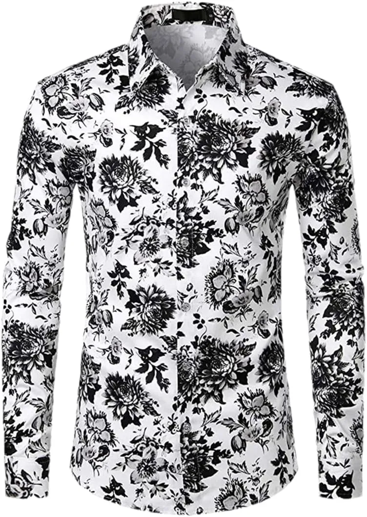 Man Black and White Floral Print Shirt Men Casual Slim Fit Flowers Shirt Men's Dress Shirts