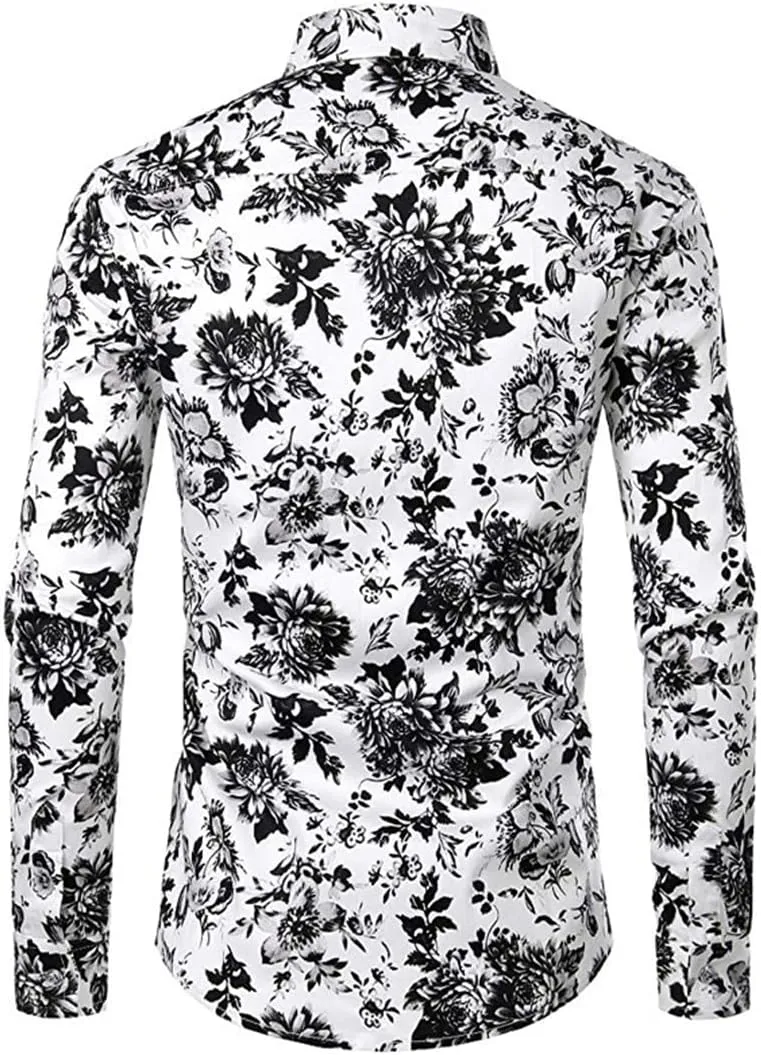 Man Black and White Floral Print Shirt Men Casual Slim Fit Flowers Shirt Men's Dress Shirts