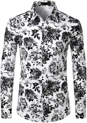 Man Black and White Floral Print Shirt Men Casual Slim Fit Flowers Shirt Men's Dress Shirts