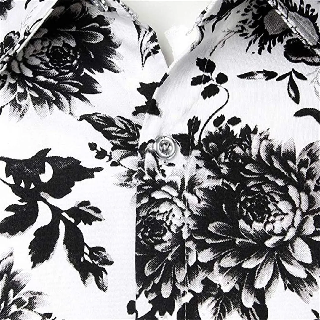 Man Black and White Floral Print Shirt Men Casual Slim Fit Flowers Shirt Men's Dress Shirts