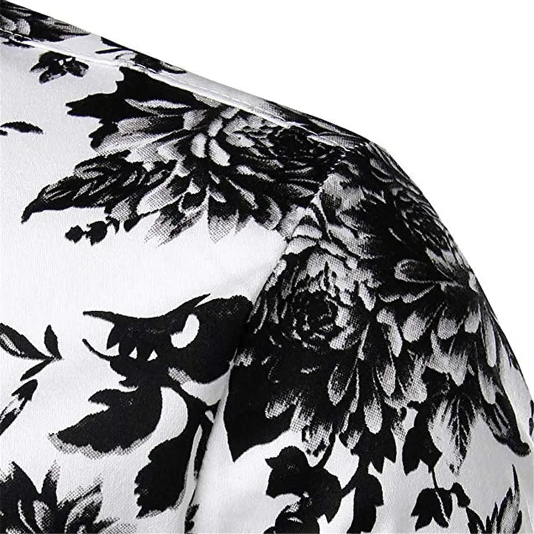 Man Black and White Floral Print Shirt Men Casual Slim Fit Flowers Shirt Men's Dress Shirts