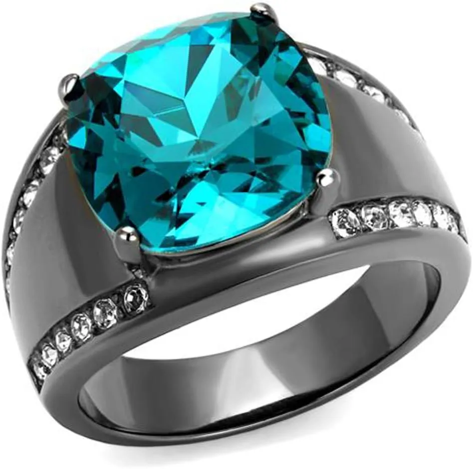 Marimor Jewelry Women's Light Black Stainless Steel 7.2 Carat Blue Zircon Crystal Cocktail Ring