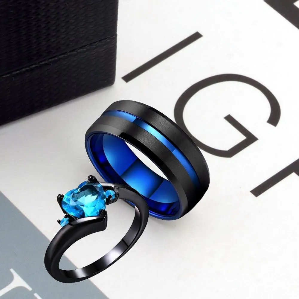 Matching Wedding Rings for Couples Set Blue Promise Rings for Him and Her Customizable Engagement Rings for Couples Set Mens Promise Rings Engraved Personalized Name Rings for Women,Size 5-13