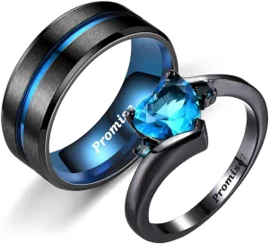 Matching Wedding Rings for Couples Set Blue Promise Rings for Him and Her Customizable Engagement Rings for Couples Set Mens Promise Rings Engraved Personalized Name Rings for Women,Size 5-13