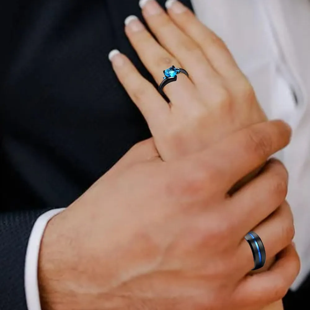 Matching Wedding Rings for Couples Set Blue Promise Rings for Him and Her Customizable Engagement Rings for Couples Set Mens Promise Rings Engraved Personalized Name Rings for Women,Size 5-13