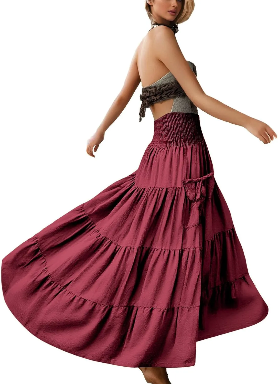 Maxi Skirts for Women 2025 Summer Boho Flowy Swing Tiered A-Line Elastic High Waist Pleated Long Skirt with Pockets