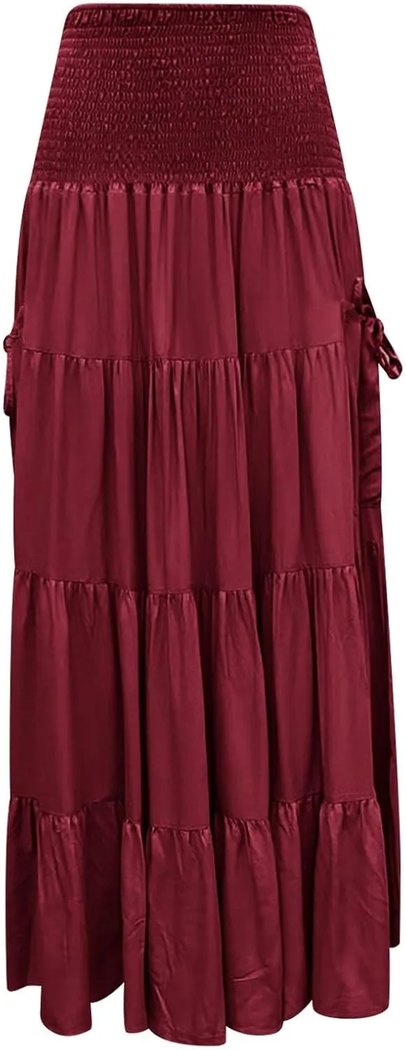 Maxi Skirts for Women 2025 Summer Boho Flowy Swing Tiered A-Line Elastic High Waist Pleated Long Skirt with Pockets