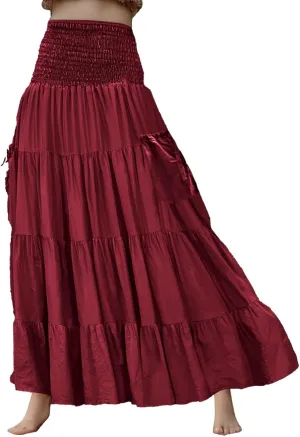 Maxi Skirts for Women 2025 Summer Boho Flowy Swing Tiered A-Line Elastic High Waist Pleated Long Skirt with Pockets