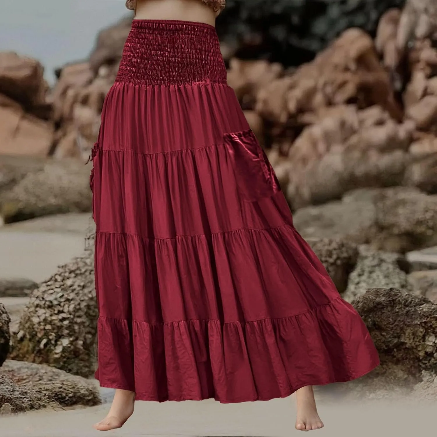 Maxi Skirts for Women 2025 Summer Boho Flowy Swing Tiered A-Line Elastic High Waist Pleated Long Skirt with Pockets