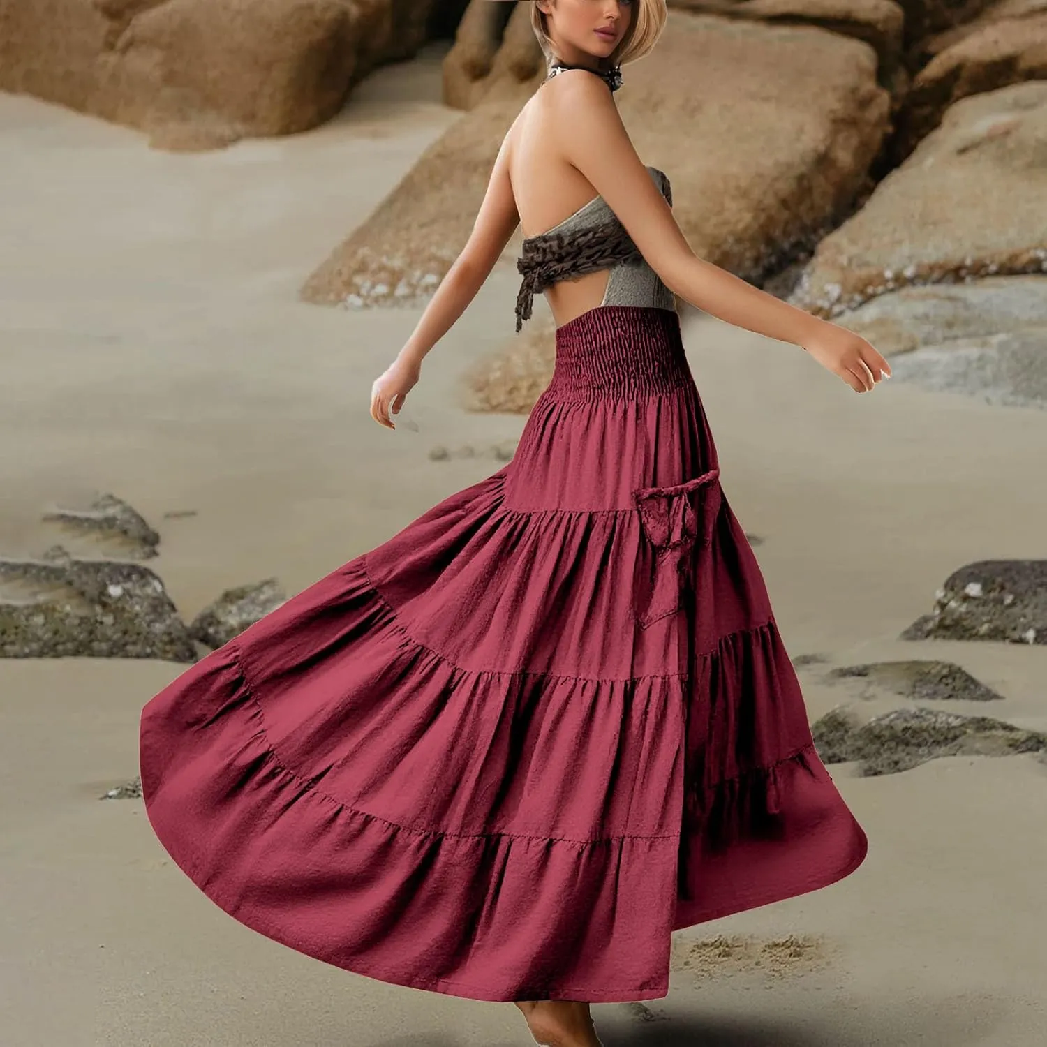 Maxi Skirts for Women 2025 Summer Boho Flowy Swing Tiered A-Line Elastic High Waist Pleated Long Skirt with Pockets
