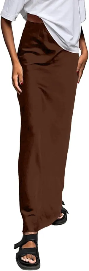 Maxi Skirts for Women Satin Bodycon Pencil Skirt Tummy Control High Waisted Long Skirts Trendy Casual Skirt for Party Club