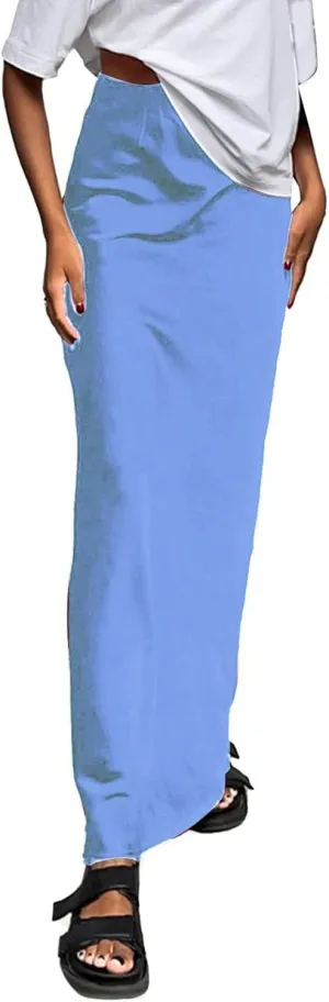 Maxi Skirts for Women Satin Bodycon Pencil Skirt Tummy Control High Waisted Long Skirts Trendy Casual Skirt for Party Club