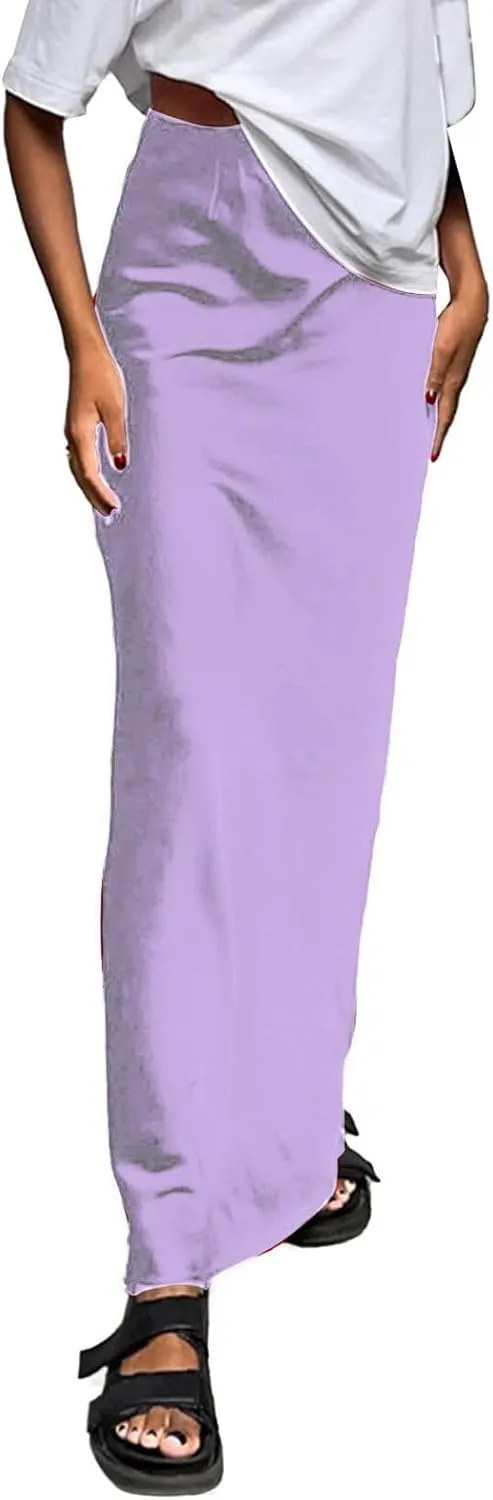 Maxi Skirts for Women Satin Bodycon Pencil Skirt Tummy Control High Waisted Long Skirts Trendy Casual Skirt for Party Club