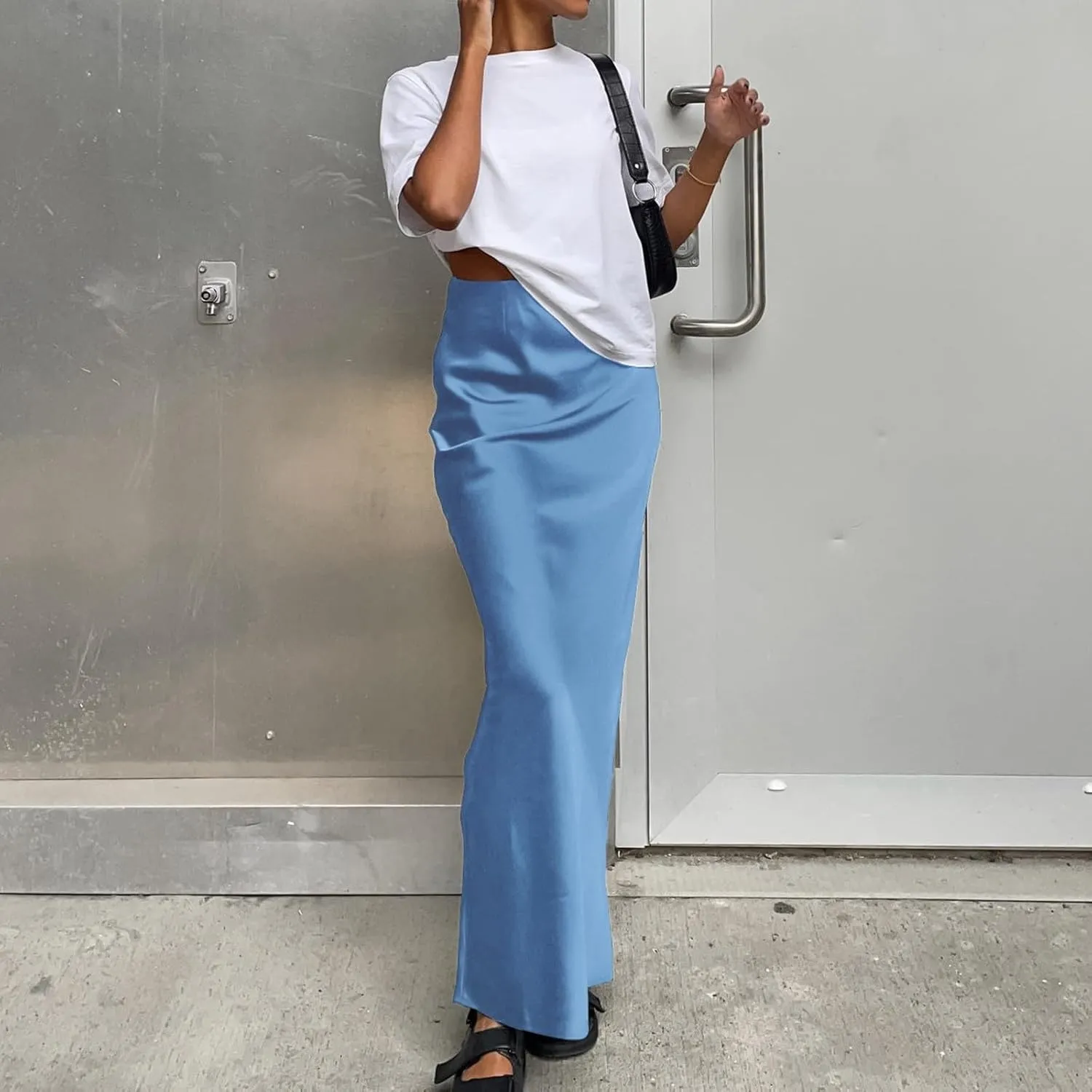 Maxi Skirts for Women Satin Bodycon Pencil Skirt Tummy Control High Waisted Long Skirts Trendy Casual Skirt for Party Club