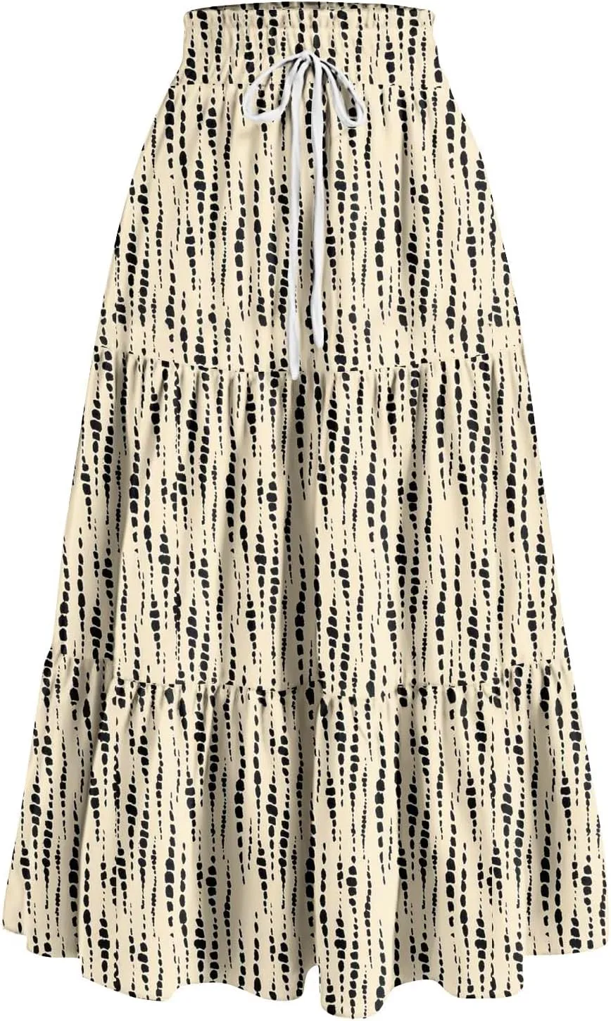 Maxi Skirts for Women Summer Boho Floral High Waisted Skirts Flowy Swing Pleated A-Line Beach Tiered Long Skirts