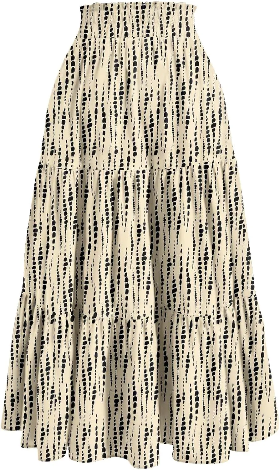 Maxi Skirts for Women Summer Boho Floral High Waisted Skirts Flowy Swing Pleated A-Line Beach Tiered Long Skirts