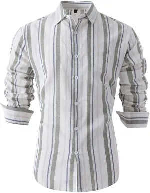 Men Cotton and Linen Shirt Button Down Lapel Striped Printed Long Sleeve Blouse Tops Casual Soft Slim Fit Shirts