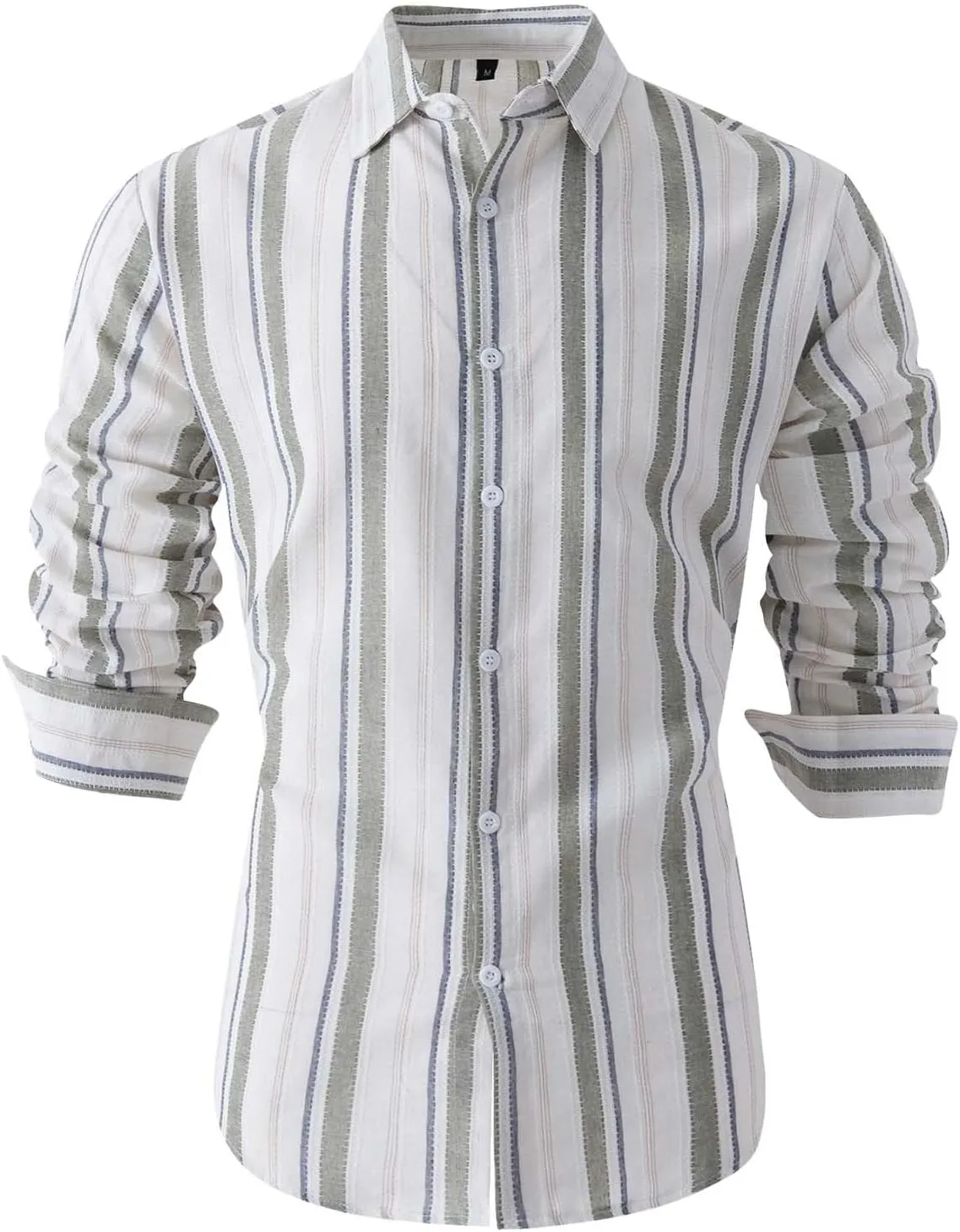 Men Cotton and Linen Shirt Button Down Lapel Striped Printed Long Sleeve Blouse Tops Casual Soft Slim Fit Shirts