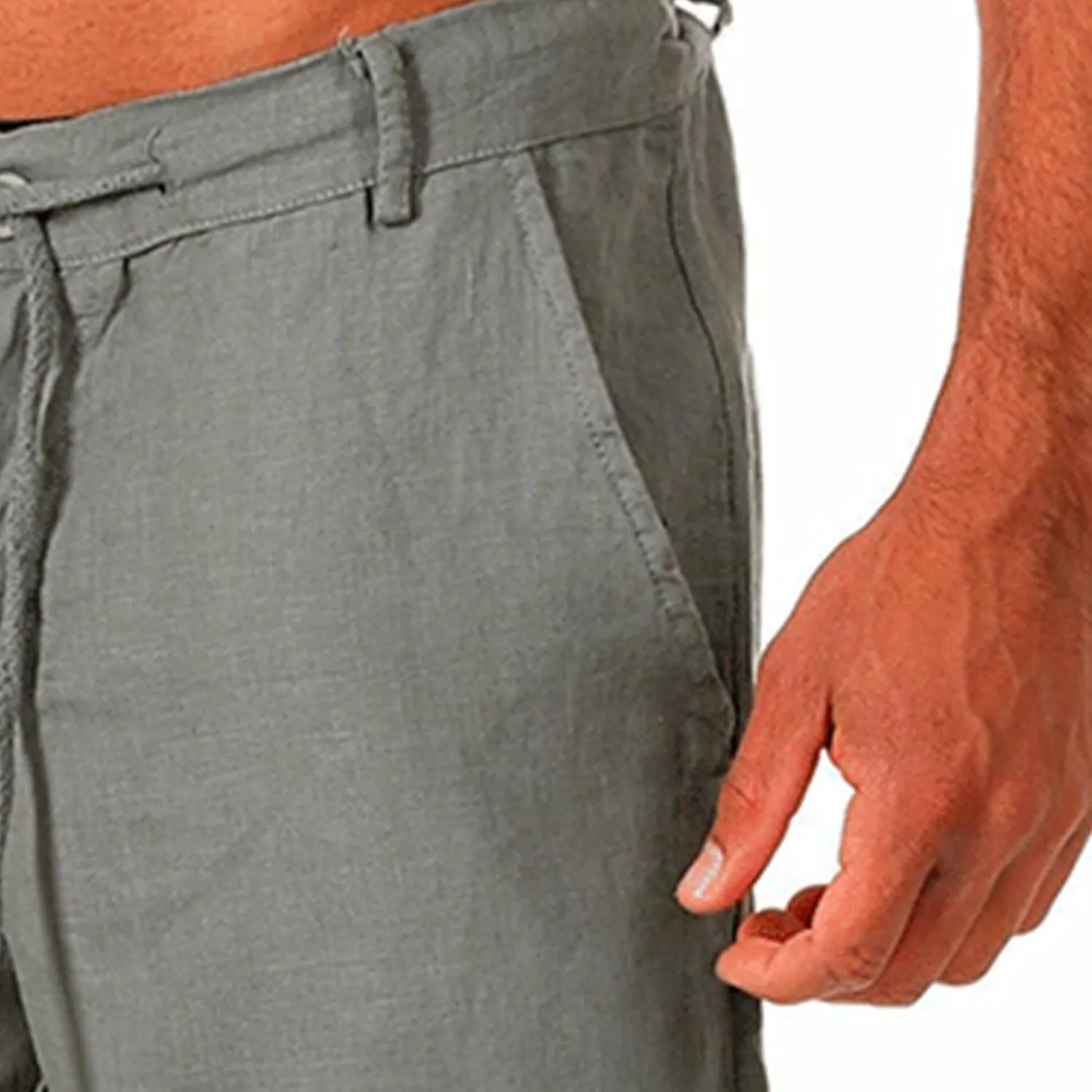 Men Linen Solid Color Lace-Up Casual Shorts Classic Summer Beach Shorts with Pocket Cotton Slim-Fit Gym Yoga Shorts